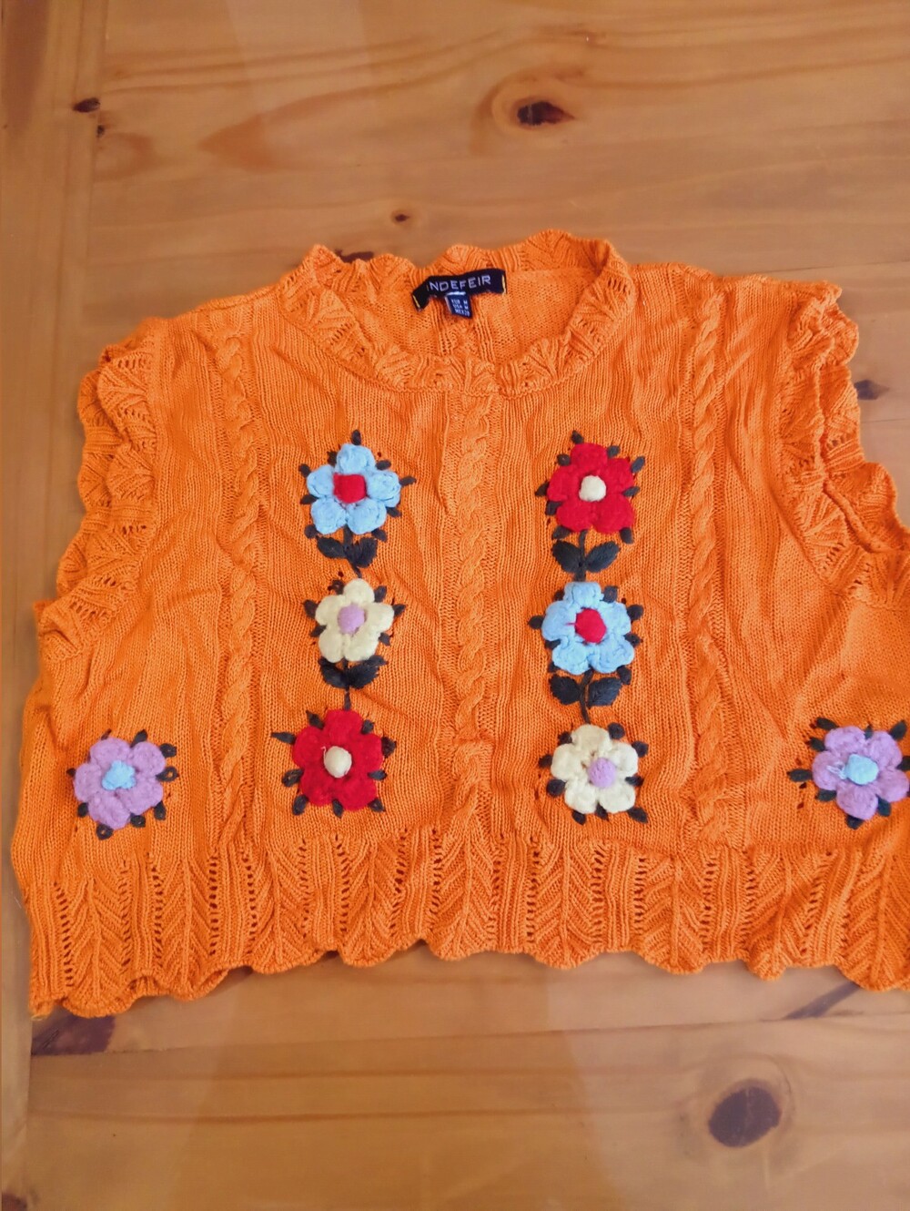 INDEFEIR Top Size M Orange Floral 3D Knit Sweater Boho Cottagecore